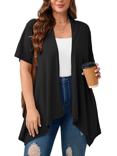 AusLook Women's Plus Size Lightweight Open Front Short Sleeve Cardigan Cover Ups Shrugs Shawls and Wraps Kimono Jacket Coat