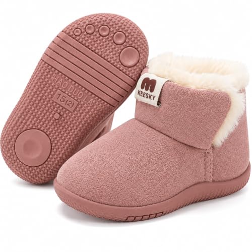 KEESKY Toddler Girls Snow Boots, Suede Shoes with Soft Faux Fur Lining