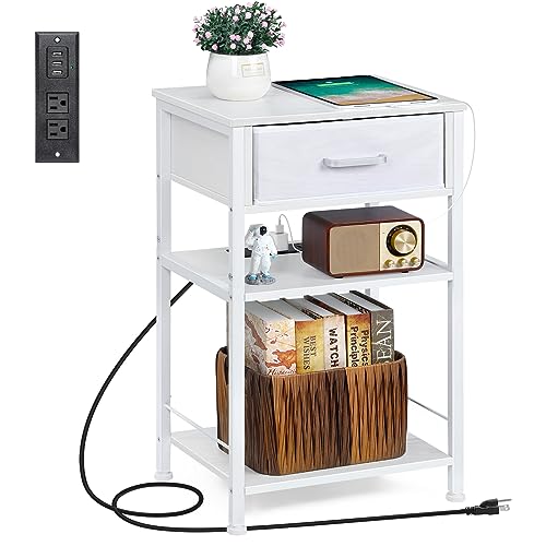 melos Night Stands with Charging Station, 3 Tier Nightstand with USB Ports and Outlets, Bedside Table with Fabric Drawers, Tall Side End Table with Storage Shelf for Bedroom, Living Room, Sofa, White