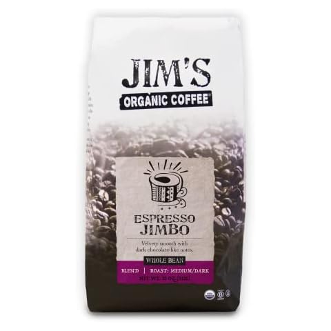Jim’s Organic Coffee – Espresso Jimbo Blend – Medium/Dark Roast, Whole Bean, 11 oz Bag Cover