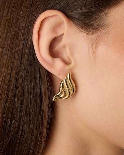 Image of PAVOI 14K Gold Plated Chunky Vintage Earrings for Women - Trendy Textured Ribbed Knot Geometric Triangle Rope Button Seashell Wing Dangle Drop Stud Earring