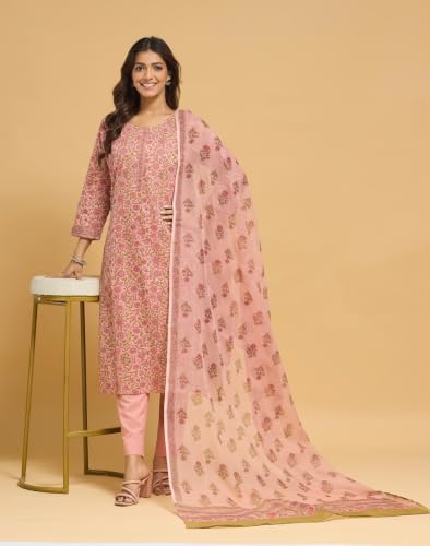 Image of Fabnu by Fabindia Women's Cotton Printed Kurta Pant Dupatta Set
