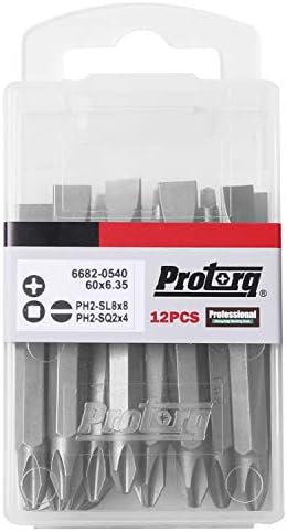 Protorq Double Ended Drive Bits, Phillips 2 and Slotted 8, Phillips 2 and Square 2, 12 pieces with Storage Case