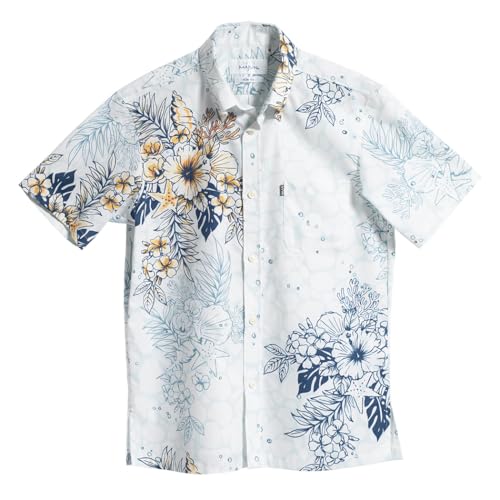 [マジュン] 国産シャツ かりゆしウェア アロハシャツ 結婚式 メンズ 半袖シャツ ボタンダウン 水華 ブルー Lのサムネイル