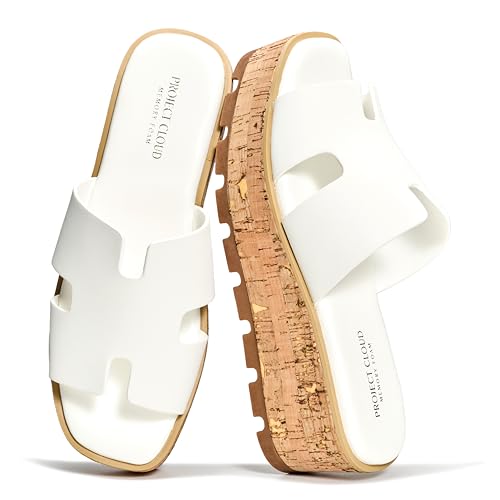 Image of Project Cloud 100% Genuine Leather Wedge Platform Sandals Women Footwear - Memory Foam Insole and Non-Slip Platform Slides for Women - Lightweight Womens Sandals (MILA,WHITELEATH,9.5M)