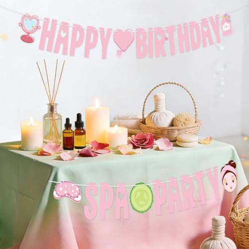 Image of Hooqict Happy Birthday Banner Spa Party Decorations Banner Sign for Girls Women Sleepover Slumber Makeup Pink Spa Themed Birthday Party Decorations Supplies