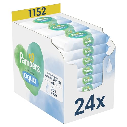 Pampers Harmonie Water Babydoekjes 24 Verpakkingen Van 48 Doekjes = 1152 Babydoekjes, Helpen de Natuurlijke pH van de Huid Herstellen, met 99% water