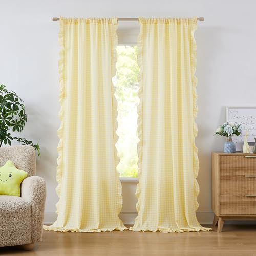 ZJDECOR Shabby Chic Yellow Buffalo Plaid Ruffled Curtains 84 Inches Long