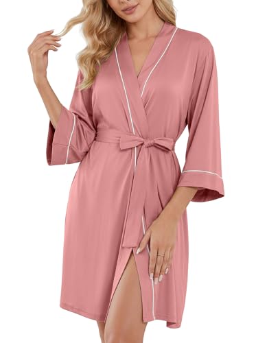 Image of PrinStory Womens Robe Knee Length Soft Knit Bathrobe S-2XL | V-Neck 3 /4 Sleeve Robes with Pockets, Lightweight, Breathable Bath Robe for Shower, Spa, Travel, Home, Party, Nursing