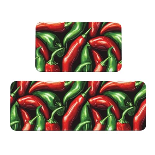 GVYGVY Antifatigue Kitchen Mats for Floor 2 Piece - Red Green Chili Print Kitchen Rugs Washable, Non Slip Runner Rug Standing Mat for Office/Bathroom/Laundry/Home Decor and Accessories