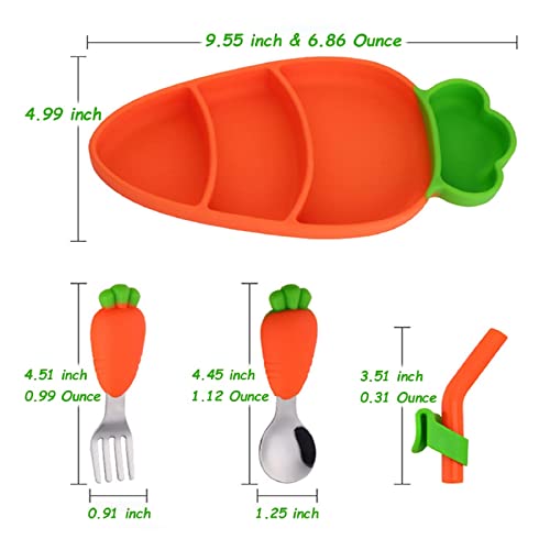 Setflags Toddler Plates With Suction, Silicone Suction Plates For Baby, Cute Carrot Divided Plates And Utensils Set, Non Slip, Bpa Free, Feeding Set For 1-5 Years Old, Microwave Dishwasher Safe #TOP6