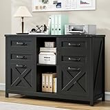 Lateral File Cabinet with 6 Drawers, Farmhouse Filing Cabinet for Letter/A4 Size, Wood File Storage Cabinets Printer Stand with Open Storage Adjustable Shelf for Home Office Cabinets, Rustic Black