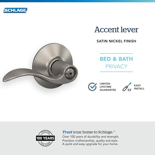 Image of Schlage F40 ACC 619 Accent Door Lever, Bed & Bath Privacy Lock, Satin Nickel
