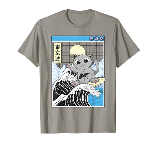 Gaming Cat Surf Kanagawa Wave Kawaii Japón Vaporwave Camiseta