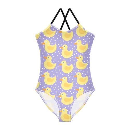Yellow Duck Girls One Piece Swimsuits Purple Dots Sport Halter Swimwear Beach Bathing Suit 7-8T