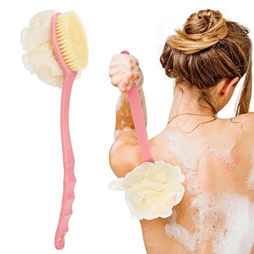 Shower Body Brush with Bristles and Loofah,Back Scrubber Bath Mesh Sponge with Curved Long Handle for Skin Exfoliating Bath, Massage Bristles Suitable for Wet or Dry? (Pink)