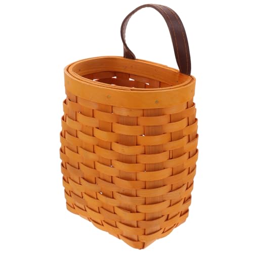 NUOBESTY Cesta Colgante de Madera Asa de Piel Cesta de Almacenamiento Artesanal para Frutas y Verduras para Cocina y Decoración de Pared Organizador Natural y Portátil