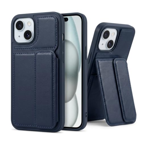 Image of amazon basics Luxury Vegan Leather Back Cover for iPhone 15 | Built-in Card Holder Slot | Integrated Mobile Stand | Slim Shockproof Protective Case with Stitched Finish - Blue