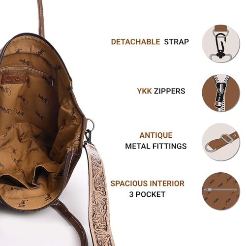 Image of Merbaa Western Cowhide Hairon Leather Tote Bag for Women With Adjustable Tooled Shoulder Strap Leather Purse