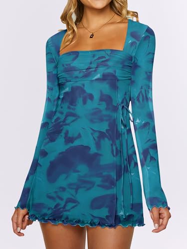 Image of Caracilia Womens Sexy Mesh Ruched Mini Dresses Long Sleeve Square Neck Tie Fall Club Party Cocktail Short Dress 2026 Fashion