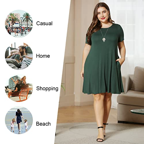Longyuan Women Short Sleeve Elastic Comfy Dresses Xl-6Xl Plus Dress With Pockets 3Xl,Fl Cashew Cyan-Blue #TOP3