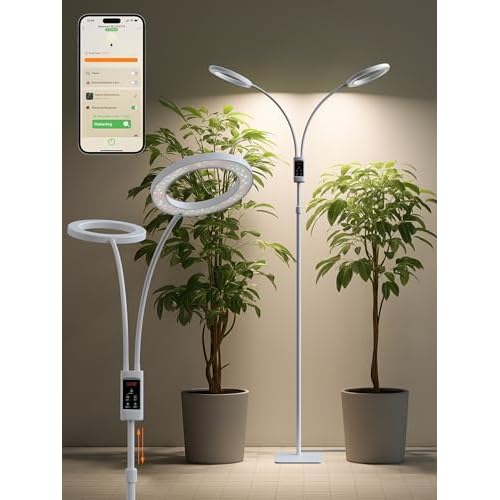 Smart Grow Lights for Indoor Plants,48W 2-Head Plant Light with Auto-Timer, Full Spectrum LED Grow Light, Adjustable Height & Stepless Dimming,Plant Assistant Suitable for Most Plants (White
