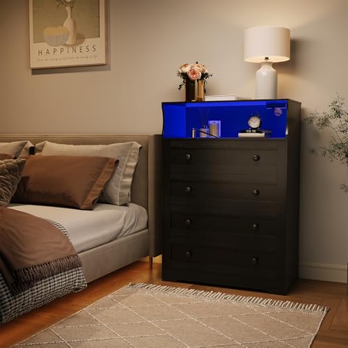 GarveeHome Tall Dresser for Bedroom with LED Lights & Charging Station, 4 Drawer Wooden Dressers, Black Modern Nightstand for Bedside, Wood Chest of D