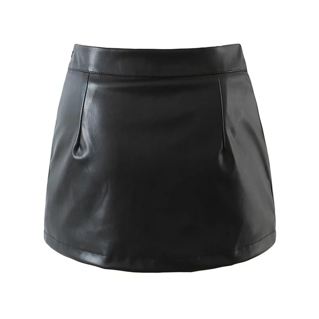Falda corta de cuero para mujer, color negro, sexy, con abertura, delgada, cintura alta, acampanada, mini faldas
