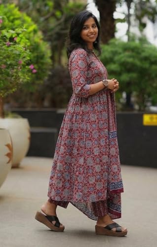 Image of Nermosa Women Printed Cotton Anarkali Kurta and Pant with Dupatta | Printed Kurta Set | Cotton Kurta Set | Summer Office Wear |