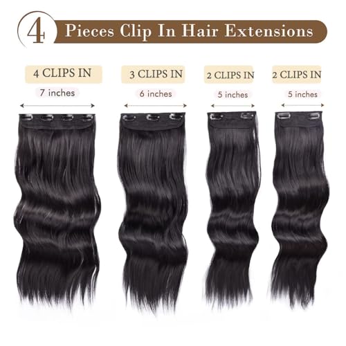 Dylanm Black Hair Extensions, 4PCS 20 Inch Hair Extensions, Synthetic Clip in Hair Extensions Double Weft Thick Hairpieces for Women(Natural Black #1B) - Thumbnail 2
