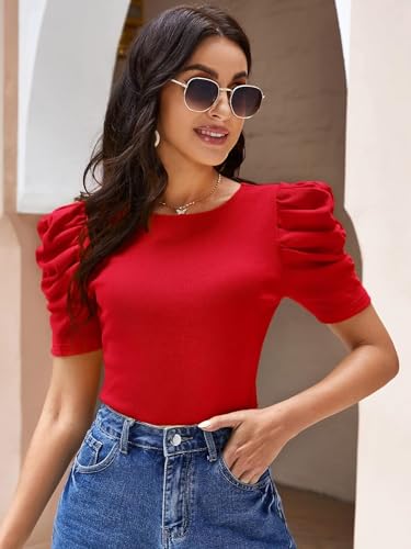 Image of POPWINGS Casual Solid Puff Short Sleeves Round Neck Top for Women |) Stylish Western Tops for Women || Summer Women Top