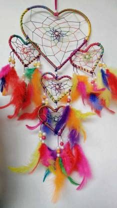 New Lucky Collection Fine Feathers 5 Heart Shape Tier Dream Catcher | Wall Hanging | Balcony | Garden | Hall | Home Decor | Wind Chime (22 inch, Multi)