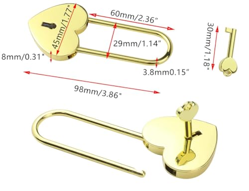 Image of 1 pcs Metal Heart Shaped Polished Padlock with Skeleton Key Replacement Handbag Bag Wedding Bow Lock Jewelry Box Storage Box Lock Diary Book (Long Gold-1 pcs)