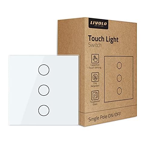 LIVOLO White Wall Touch Light Switch(No Neutral),Single Pole Bulb Wall Switch with LED Indicator,Scratch-Resistant Tempered Glass Panel,3 Gang 1 Way,VL-B603-3WG Cover