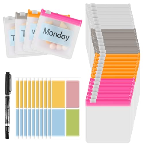 MARFOREVER 39 Pcs Pill Pouch Bags - Pill Pouches Small Medicine Bags Travel Pill Organizer Reusable Translucent Self Sealing 28 Pcs Plastic Pill with Slide Lock 10 Sheets Labels and 1 Pc Marker