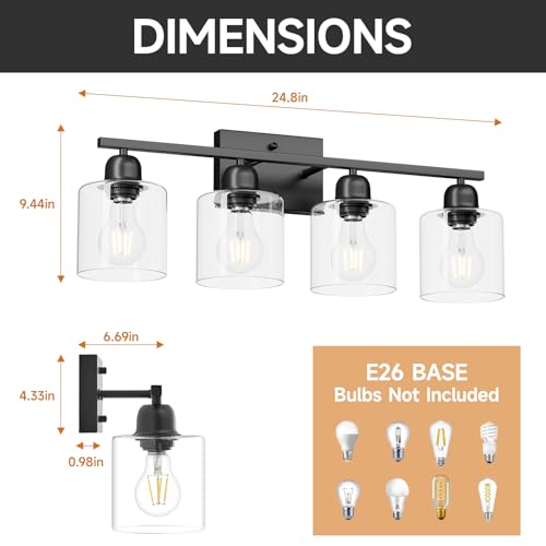 Image of Modern 4 Light Bathroom Light Fixtures, 24 inch Black Vanity Lights for Bathroom with Clear Glass, Bathroom Vanity Light for Mirror Kitchen Living Room Hallway Cabinet Porch