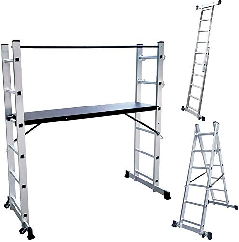 Aufun Aluminio Escalera 3 en 1 Andamio 2x6 peldaños Escalera de Plegable con plataforma de trabajo 1,47 m, 2 ruedas, 2 puntales, capacidad de carga de hasta 150 kg, altura máxima de 2,72 m, Plata