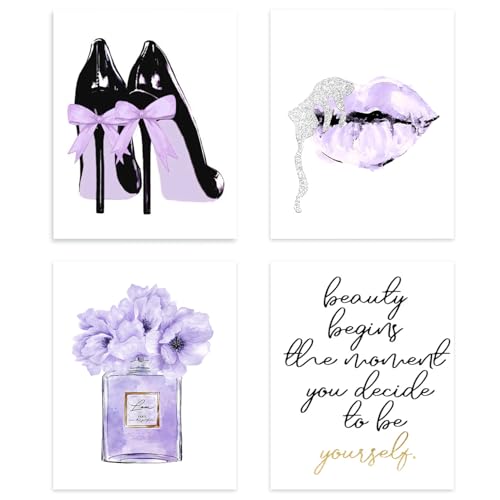 Qabliqo Purple and Black Bathroom Decor Wall Art Prints Set of 4, Purple Fashion Wall Art, Inspirational Women Wall Art Decor for Girls Women Bedroom Bathroom Beauty Room, 8x10 Inches Unframed