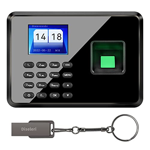 Diseleri Máquina Fichar, Máquina de Asistencia de Asistencia Biométrica de Huella Dactilar con Sistema Española Pantalla LCD, 2.4 Pulgadas con 8G Disco U Cover