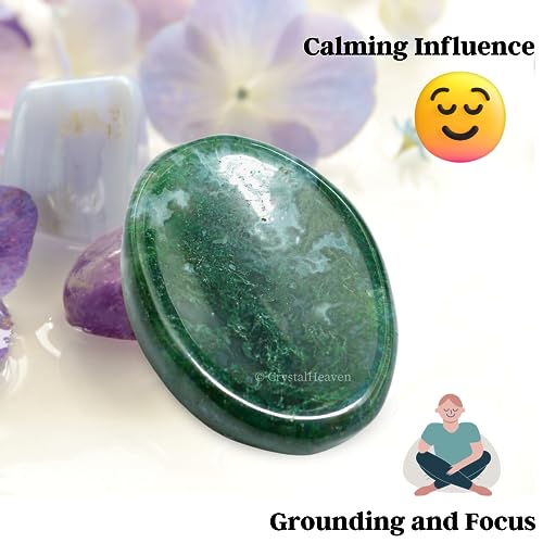 Image of Certified Moss Agate Crystal Thumb Worry Pebbles Stones for Anxiety Stress Relief Massage - AAA Grade Original Healing Gemstone Agate Rubbing Stone for Yoga Meditation Spiritual Reiki Feng Shui