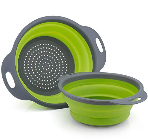 furein Par de Coladores de Silicona Plegables con Mango, Cesta de Lavado de Frutas y Verduras Colador Plegable para Pastas, Escurridor Portátil de Alimentos, Herramientas de Cocina (Verde)