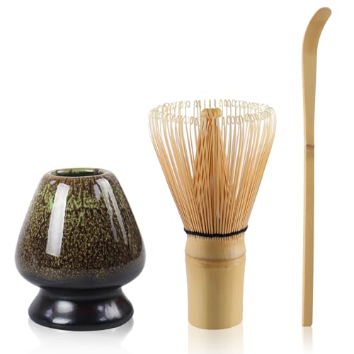 4Pcs Matcha Tea Set With Whisk, Spoon and Holder for Traditional Tea Ceremony - Gift Set (Green)