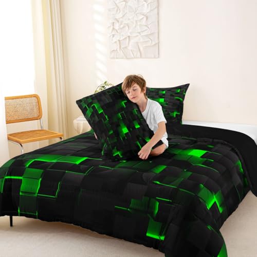 Image of Erosebridal Black Green Comforter Set Full Neon Geometric Checkered Bedding Set for Kids Boys Gaming Room Decor,Teen Men Abstract Stereoscopic Grids Quilt Square Plaid Check Bed Set 3 Pcs
