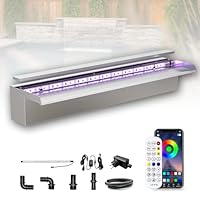 Longrun 60cm Teich Wasserfall Set, 304 Edelstahl Pool Wasserfall Brunnen mit RGB Bluetooth LED und Fernbedienung, Breite 15cm