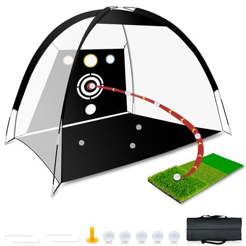 Golf Net - Upgraded All-in-One 10x7ft Golf Practice Net with 5 Real Balls, Tri-Turf Mat and Portable Storage Bag, Durable Hitting Net for Backyard Driving Swing Outdoor - Gifts for Golfing Lovers