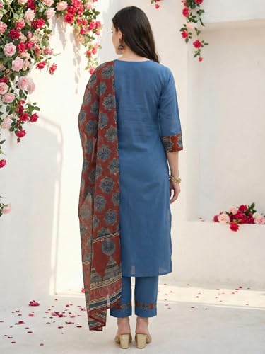 Image of INDO ERA Women's Straight Pure Cotton Floral Self Design Kurta & Pant With Dupatta Set | Kurta Sets For Woman