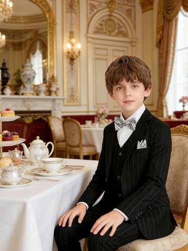 Image of Boy Suits Stripe Tuxedo Suit Set Complete Outfit Formal Wedding Party Wear Ring Bearer Outfit