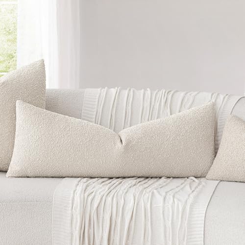 Image of Foindtower Decorative Textured Boucle Throw Pillow Covers Accent Solid Pillow Cases Neutral Long Body Lumbar Couch Cushion Case for Chair Sofa Bedroom Living Room Home Decor 14x36 Inch,1PC,Light Beige