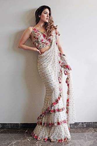 Image of JATRIQQ White Faux Georgette Embroidery Sequence Work Ruffle Saree