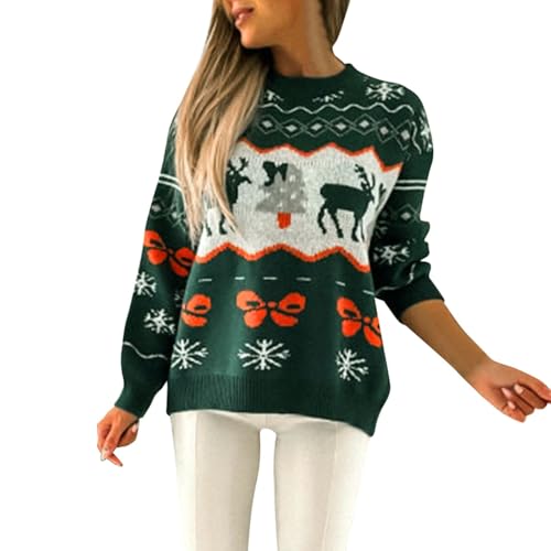 Suéter de Navidad para mujer, ajuste regular, diseño de copos de nieve y renos, hombros caídos, suéter de Navidad, verde, XL
